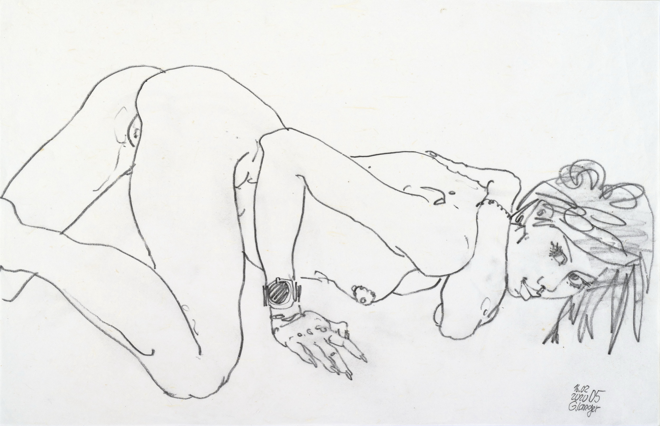 Gunter Langer, Liegender Mädchenakt, 2020, Japanpapier, 45 x 70 cm